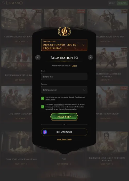 Création profil joueur instantané Legiano Casino